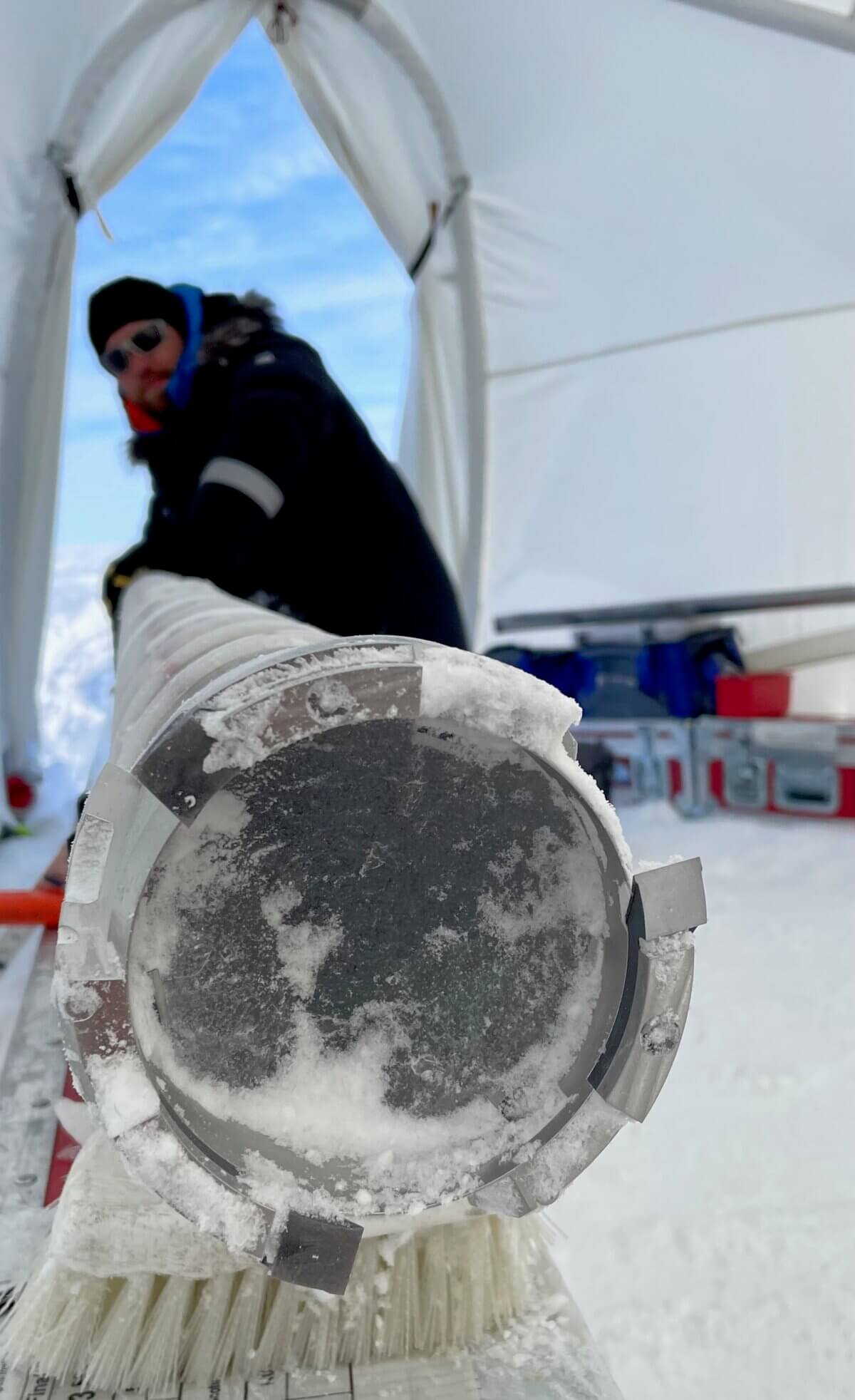 Ice in the core barrel while drilling on the Greenland ice sheet.