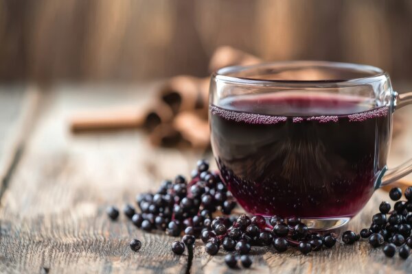 Cup of elderberry juice surrounded by elderberries