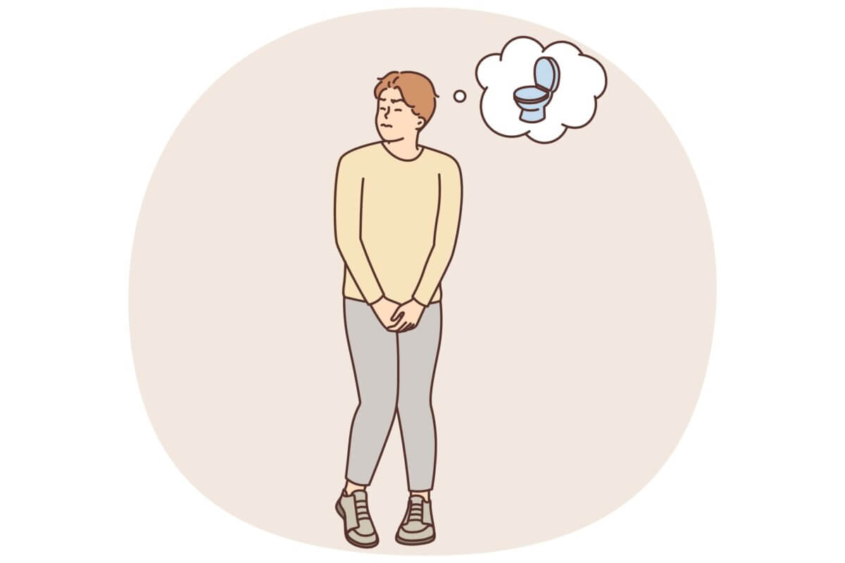 Cartoon of man holding in pee and thinking of the bathroom