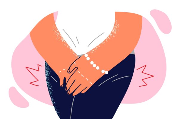 Cartoon image depicting woman having urge to pee