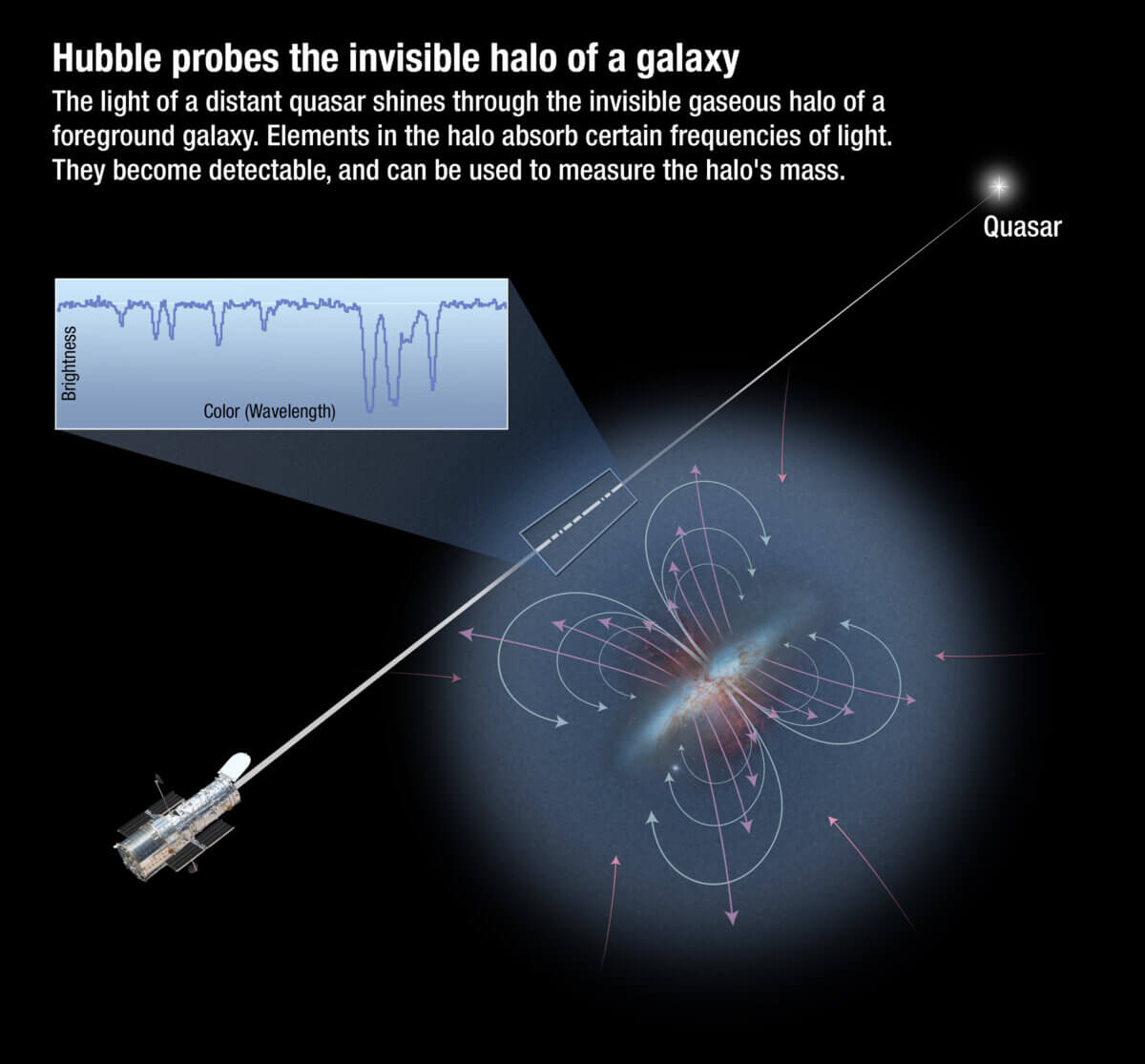 In this artistic rendering, light from a distant quasar passes through the halo-like circumgalactic medium of a galaxy on its way to Earth