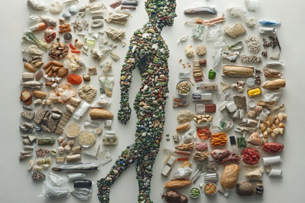Silhouette of human body surrounded by processed junk foods