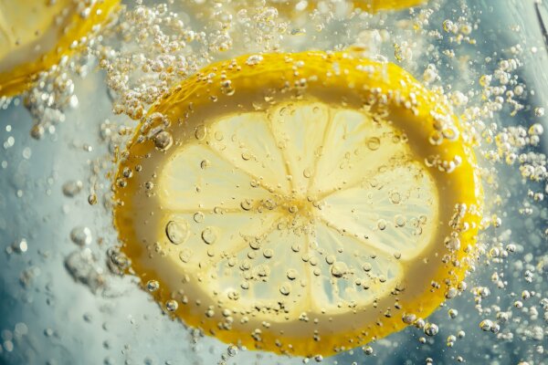 Lemon fizzes in a glass of sparkling water