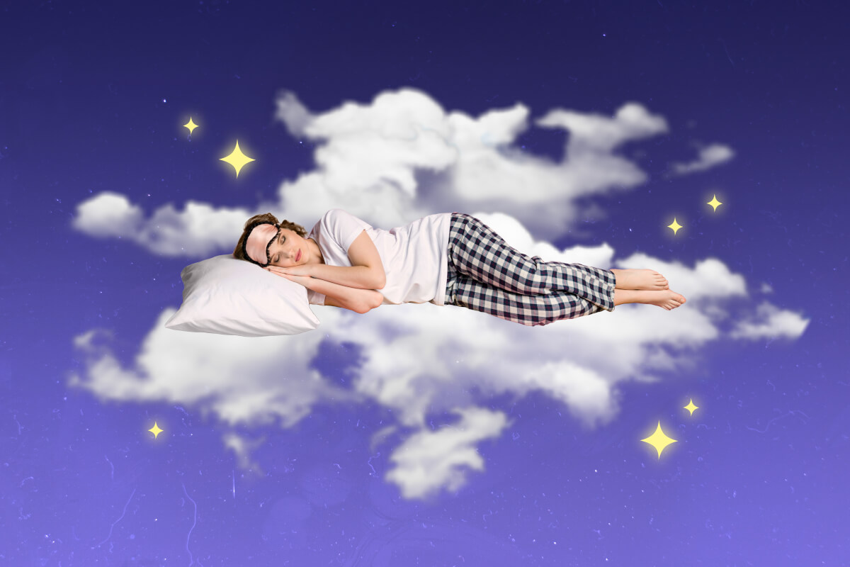 A woman floating in the clouds dreaming during sleep.