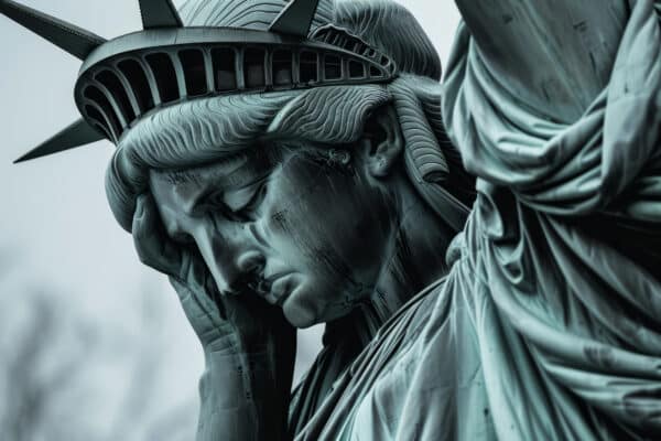 Emotional Statue of Liberty with her head in hands, upset over state of America