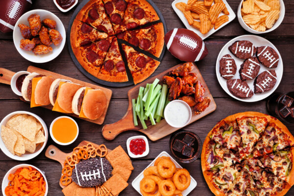 An assortment of Super Bowl party food or tailgate menu