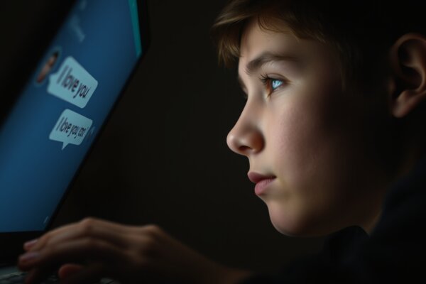 Teen in relationship with AI chatbot typing "I love you"