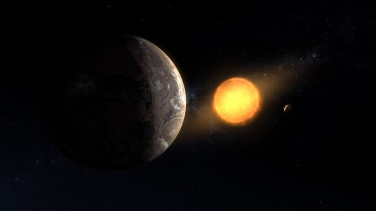 Illustration of exoplanet Kepler-1649c orbiting around its host red dwarf star. 