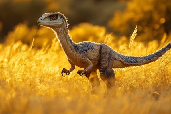 Conceptual AI generated image of a buitreraptor dinosaur stalking prey