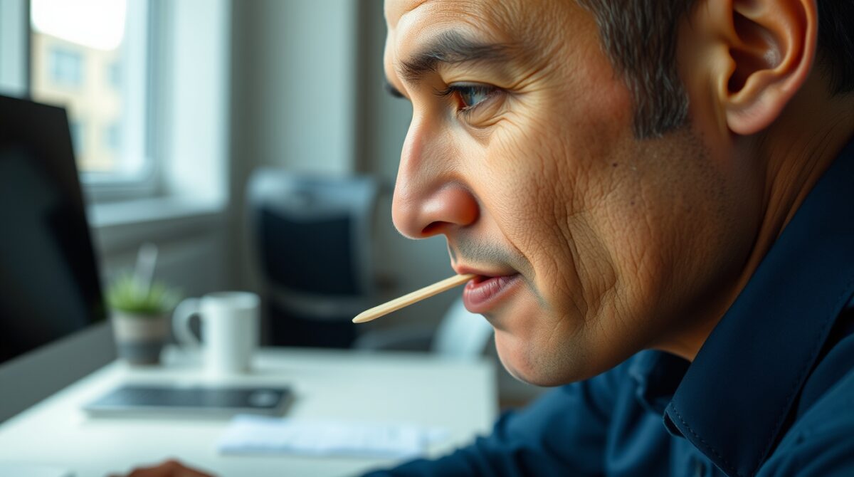 Man chewing on wooden tongue depressor