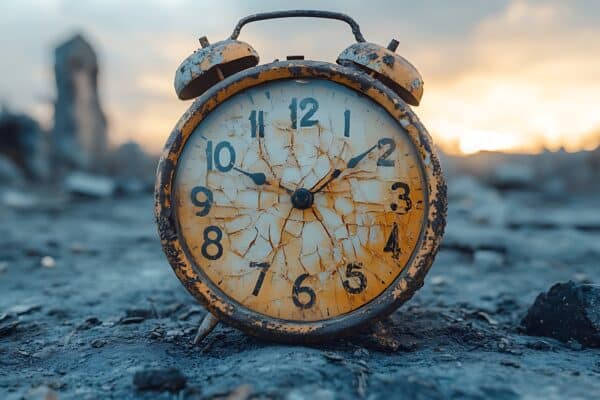 Doomsday Clock concept: A broken clock in a desolate war-torn landscape symbolizing the end of time or apocalypse