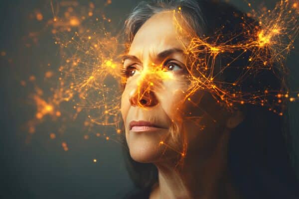 Middle aged woman depicted with neural connections and brain signals