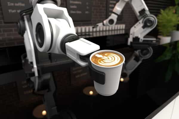 Conceptual image of robots making and serving coffee. (