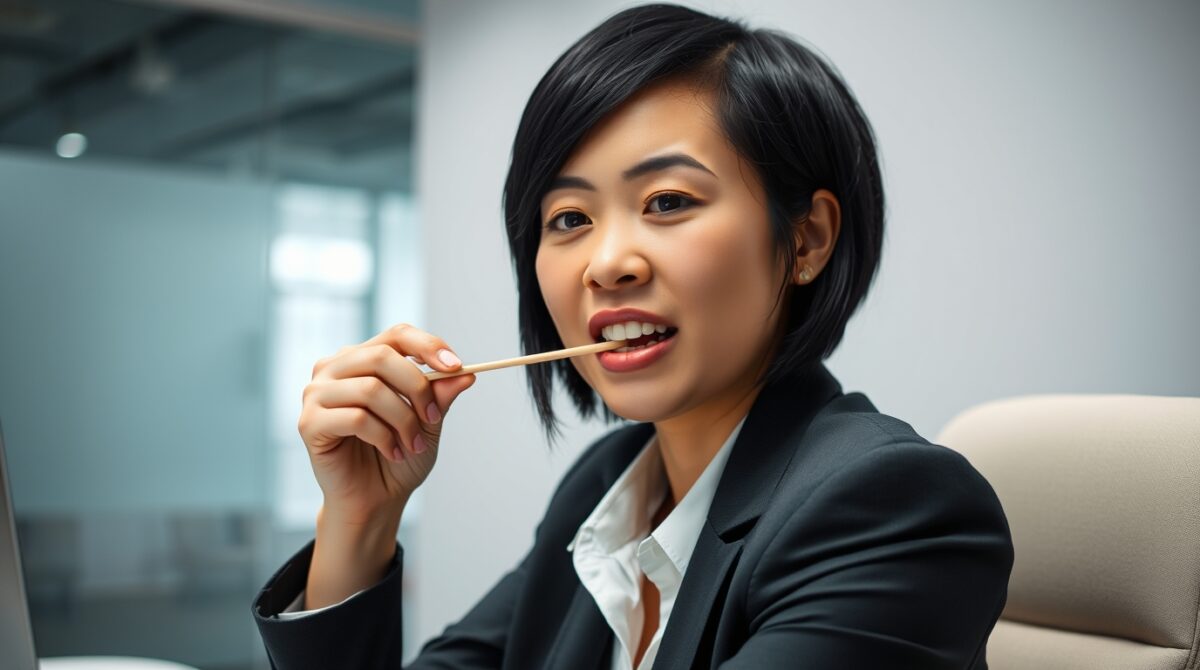 Woman chewing on wooden stick