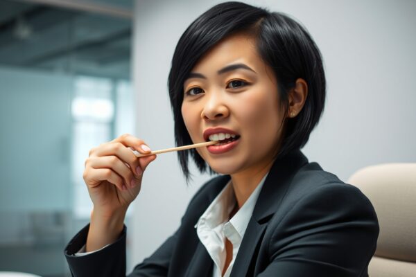 Woman chewing on a wooden stick at work