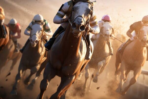 Racehorses racing with jockeys