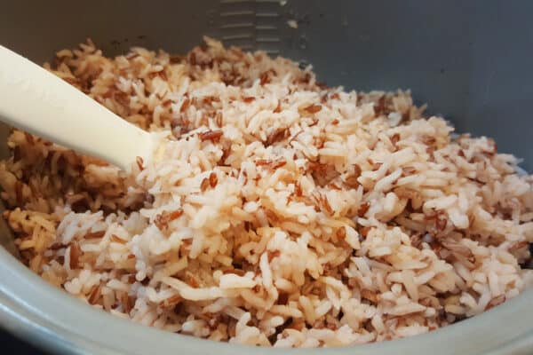 Cooked brown rice in a pot