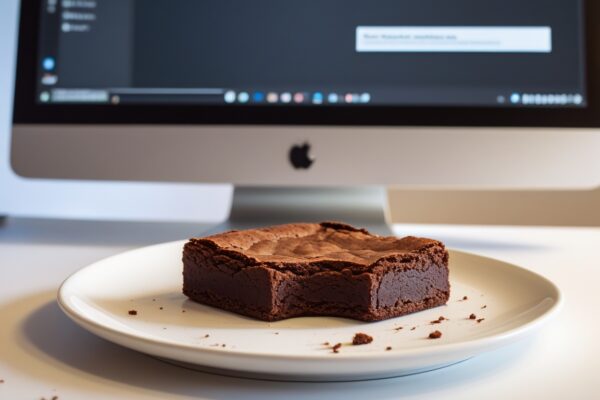 Brownie with a bite out of it in front of a computer