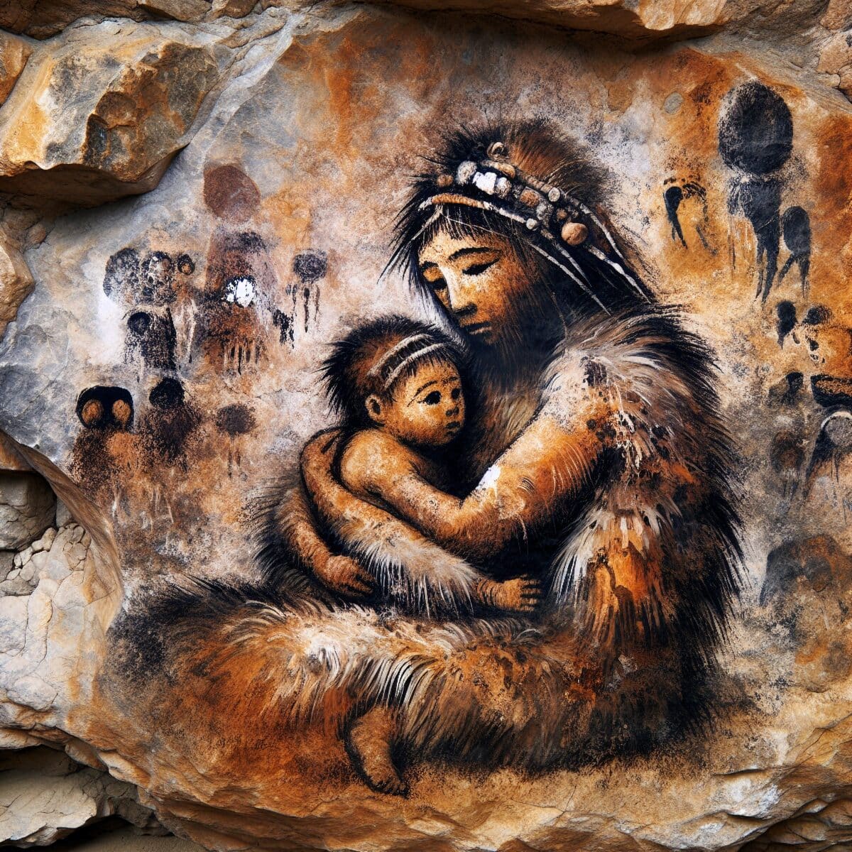 Cave painting of mother and child