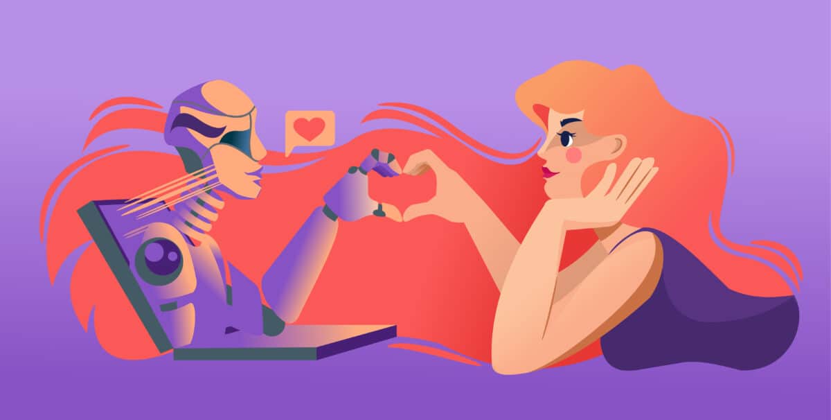 Chatbot relationship: Cartoon showing woman in love with artificial intelligence