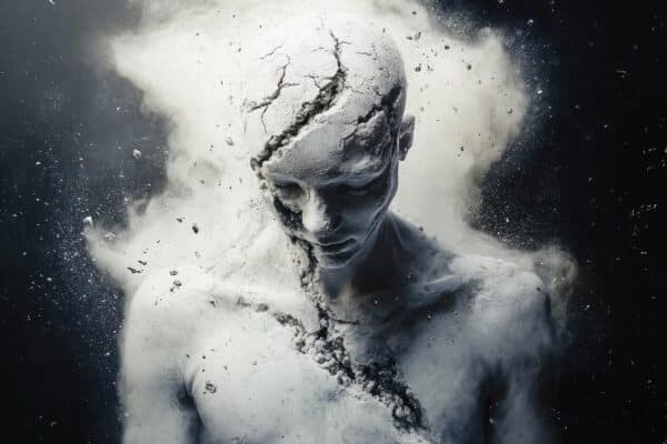 Cracking human figure in a smoky and dusty environment, suggesting end of world or extinction of humanity