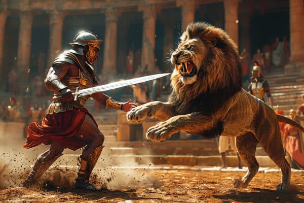 Depiction of gladiator fighting lion in ancient Roman battle.