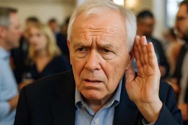 An old man struggling to hear at a crowded party