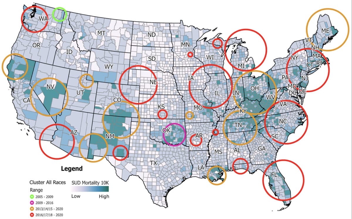 Researchers identified hot spots in fatal drug overdoses that allowed them to track the epicenter of the opioid epidemic across the United States between 2005 and 2020