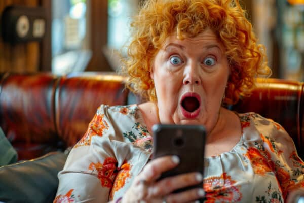 Woman panics while looking at phone or text message