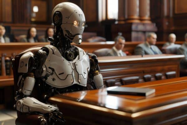 Robot lawyer in a courtroom, artificial intelligence law