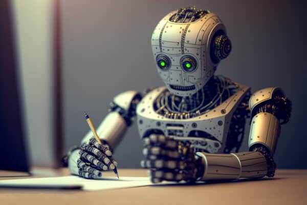 Generative AI robot writing answers with pen on paper