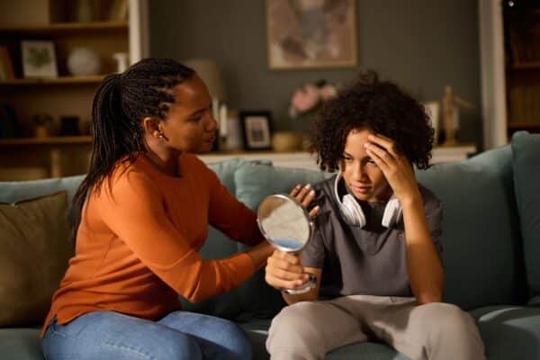 Mother and son talking about puberty