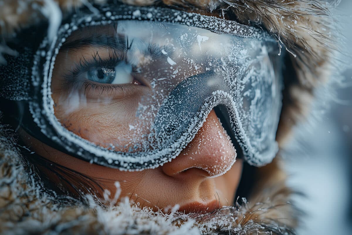 Closeup of woman’s face in Arctic expedition