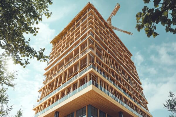 Modern wooden building under construction with crane, surrounded by trees