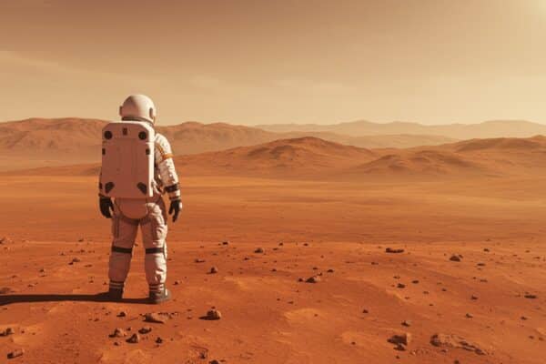 An AI-generated image of an astronaut walking on Mars.