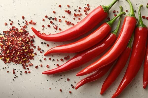 Fresh red chili peppers with ground spice