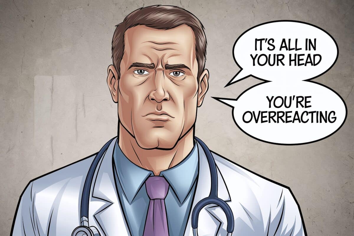 A male doctor in a white coat dismissively saying 'It's all in your head' and 'You're overreacting,' illustrating medical gaslighting.