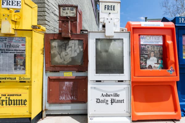 Newspaper bins in downtown Asheville, North Carolina