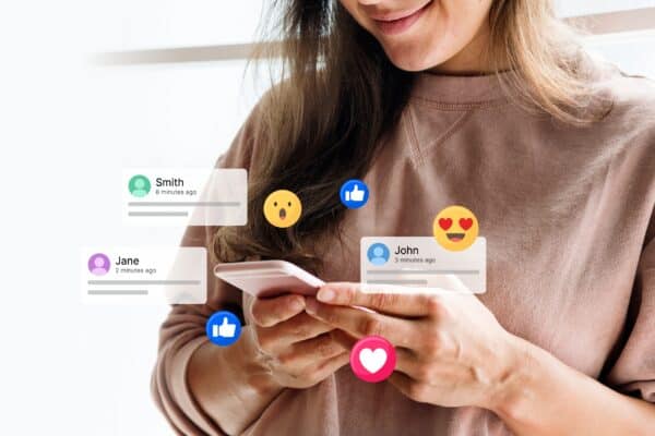 A woman receiving notifications on a smartphone.