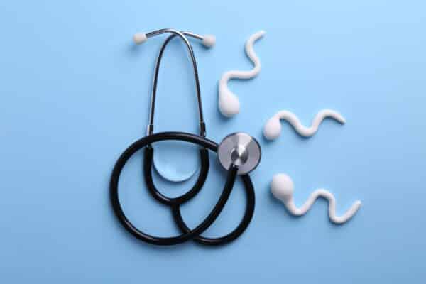 Sperm surrounding a stethoscope as if it were an egg representing male reprodutive system