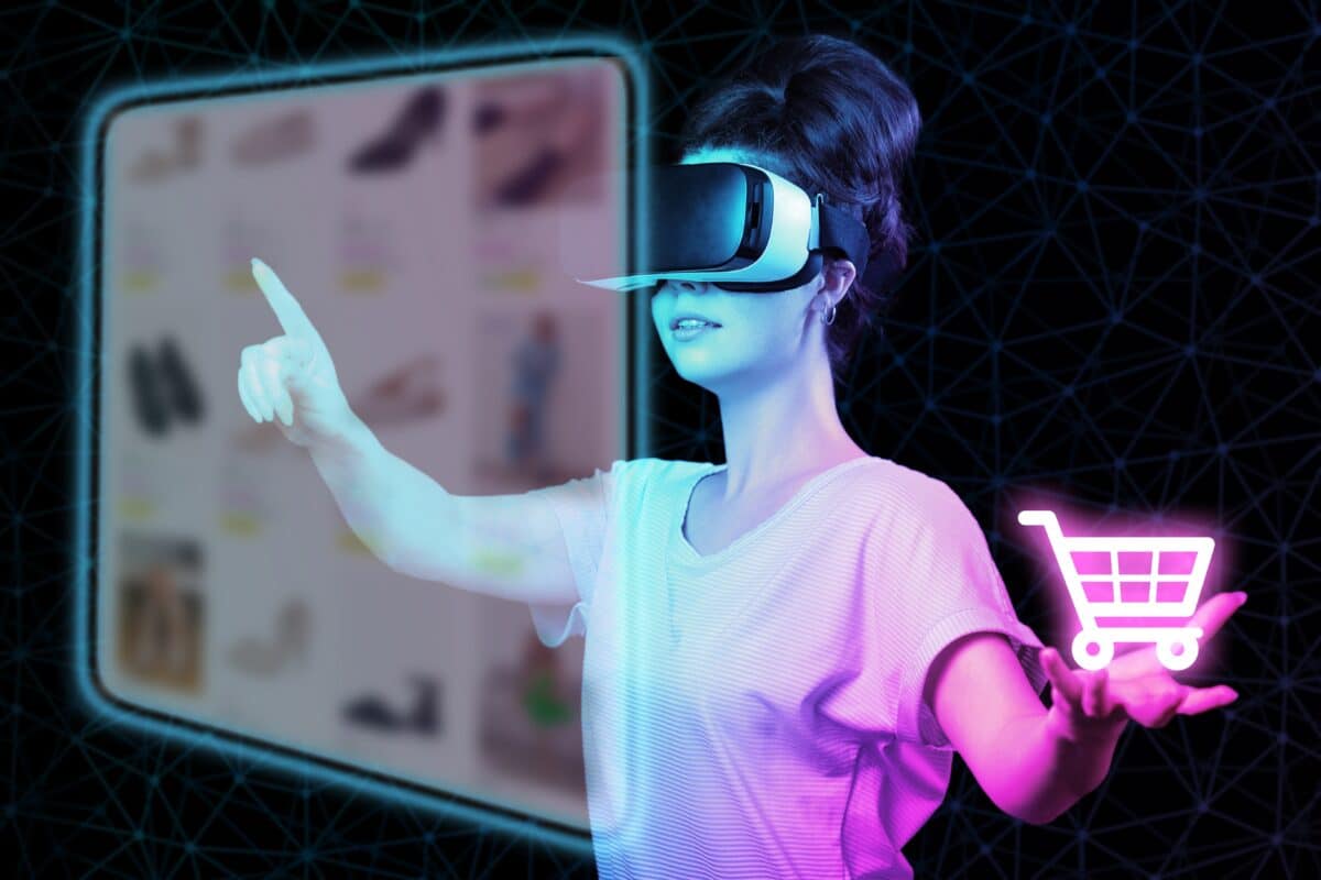 A woman shopping in virtual reality goggles