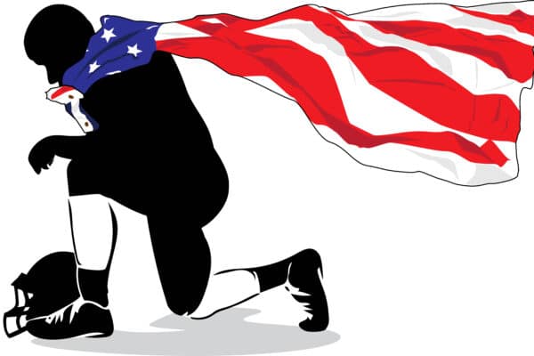 Kneeling football player with American flag cape