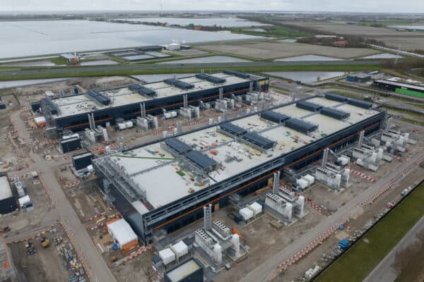 Aerial drone overview on internet infrastructure, data centers in Middenmeer, The Netherlands.