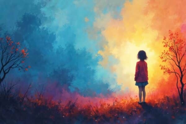 Illustration of a girl standing amid a colorful landscape. The transitions from dark blue to yellow. Overcoming struggle, finding hope on healing journey, mental wellness, inner peace, resilience