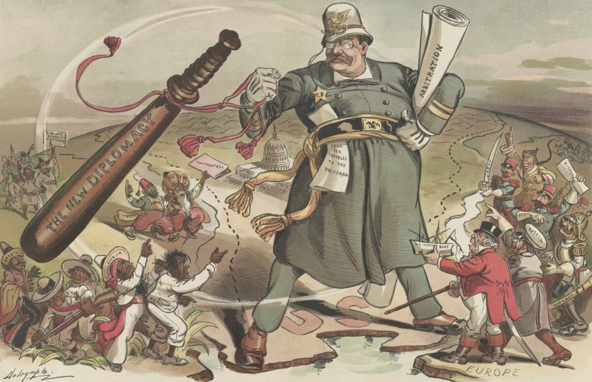 A cartoon of Theodore Roosevelt carrying a big stick, referring to his foreign policy style.