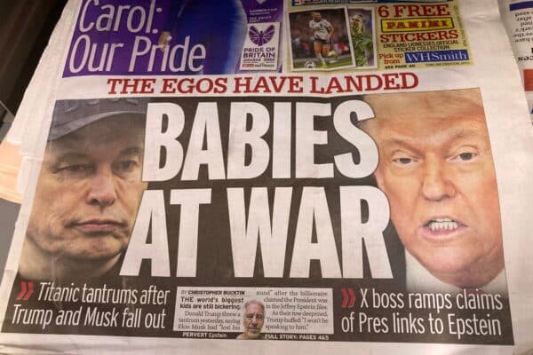 Trump vs Musk "Babies At War" headline on UK newspaper