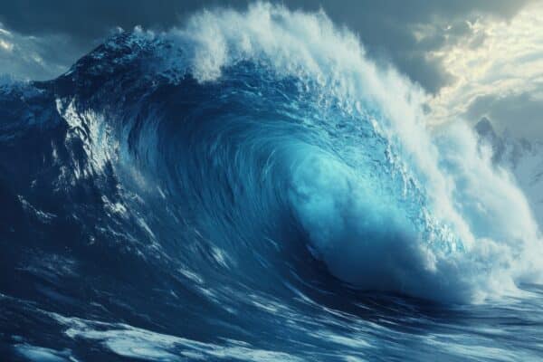A powerful ocean wave from a seiche or tsunami