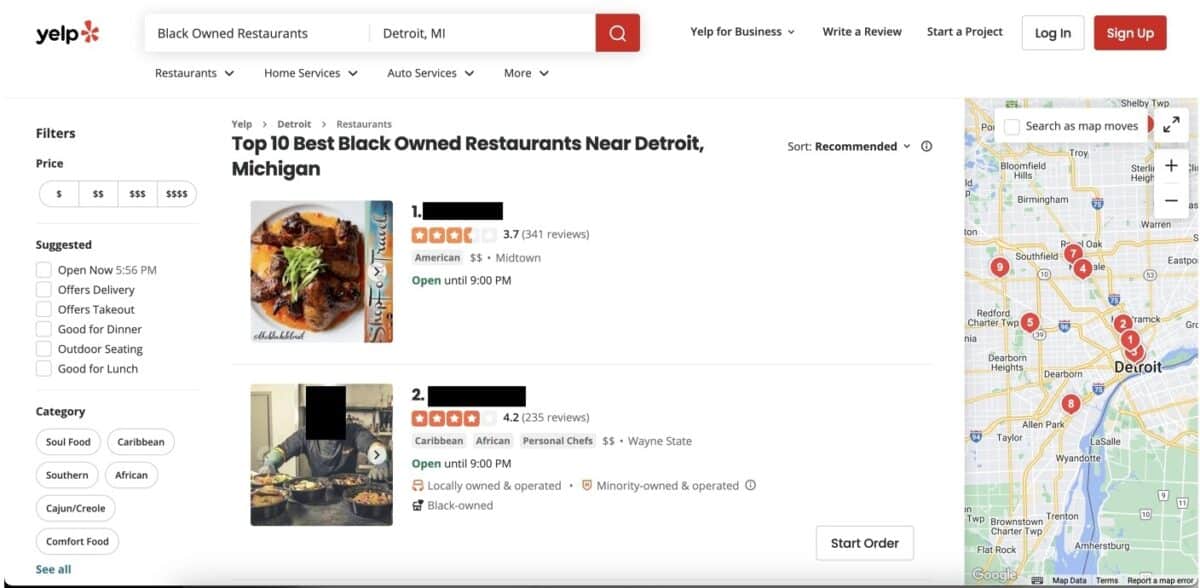 Sample Organic Search Results on Yelp for Black-Owned Businesses
