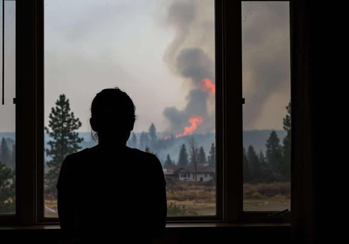 Someone looking out window at a distant wildfire