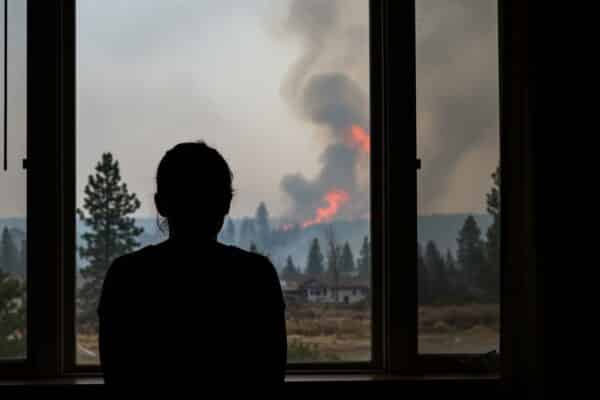 Someone looking out window at a distant wildfire